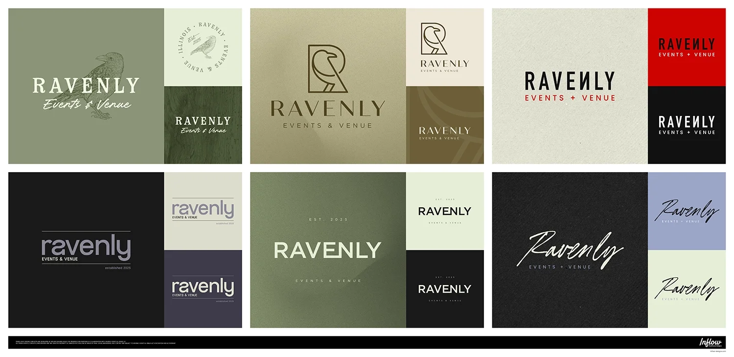 Collection of multiple logo designs for Ravenly Events & Venue with various styles, colors, and fonts