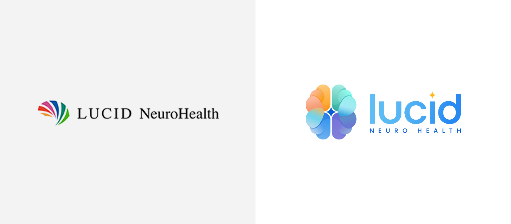 Comparison of two logos for LUCID NeuroHealth: the left logo features a multicolored fan design with black text, and the right logo has a colorful brain illustration with blue text.