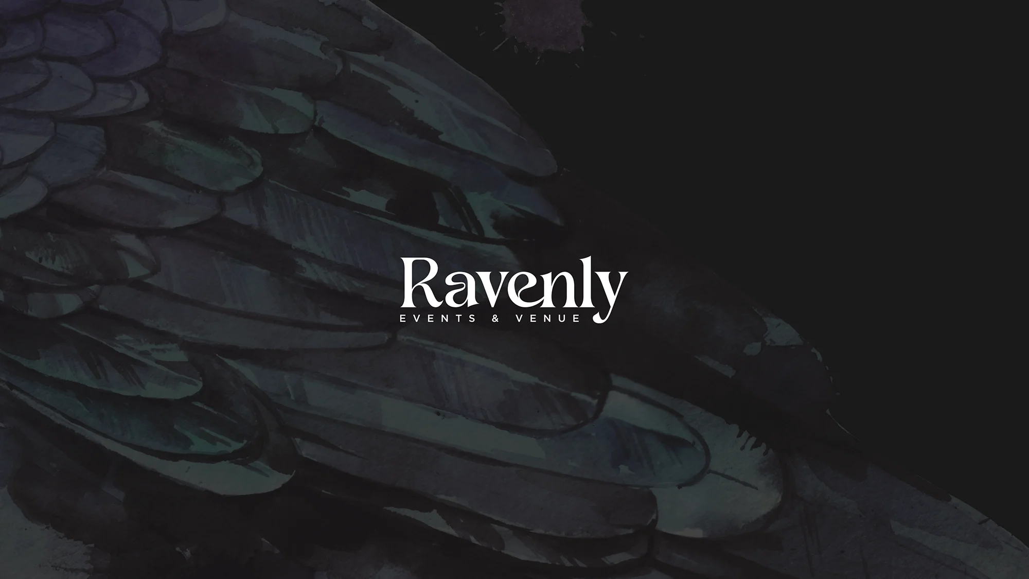 Dark illustration of a raven's wing with the text 'Ravenly Events & Venue' over it.