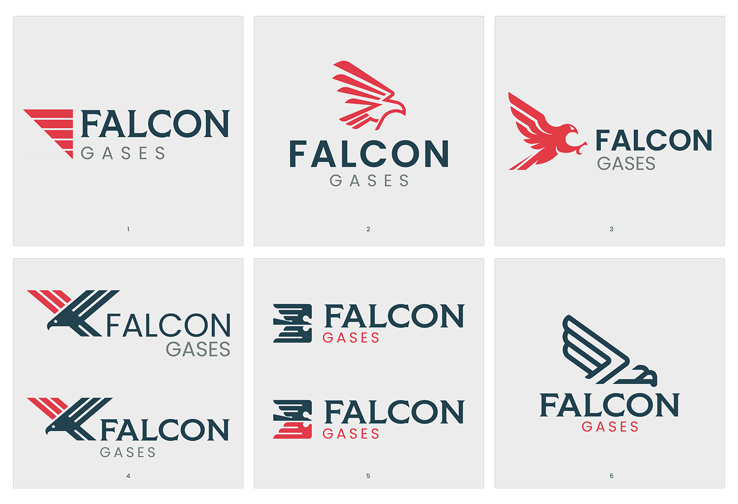 Six logo concept directions for Falcon Gases featuring falcon and flag-inspired designs, by Inflow Designs