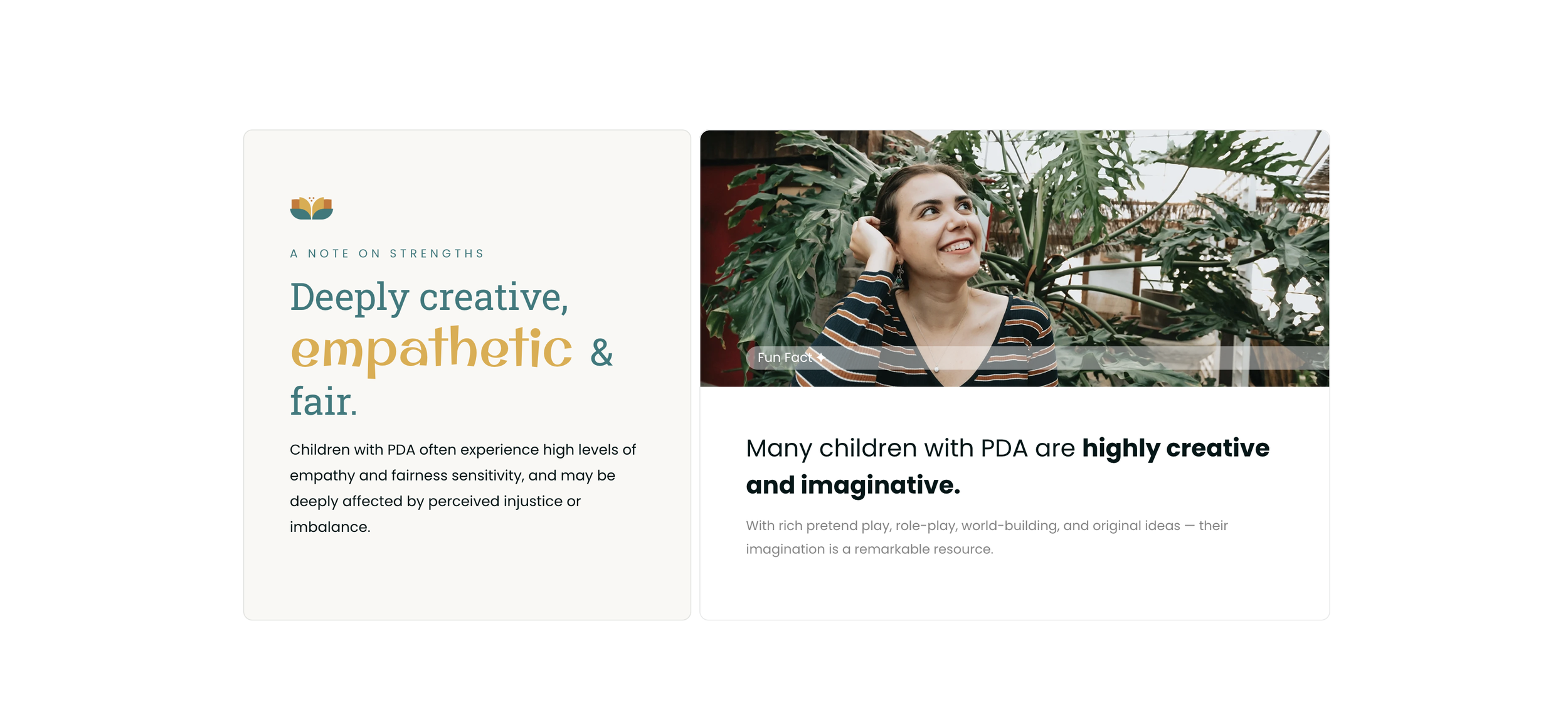 A webpage divided into two sections: the left contains text about strengths such as creativity, empathy, and fairness; the right features a smiling young woman with dark hair, seated in front of a large leafy plant, with a caption "Fun Fact" overlaid on her image.