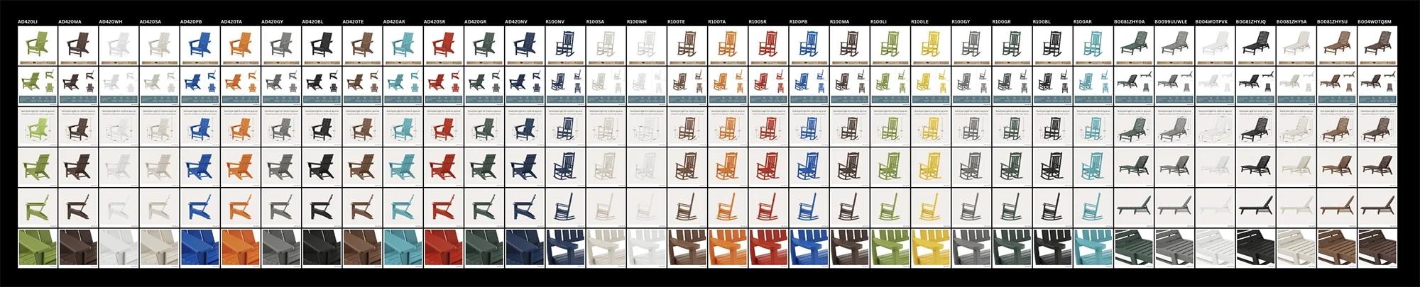 A large collection of different colored chairs, organized in a grid with various styles and designs, including armchairs, lounge chairs, and dining chairs.