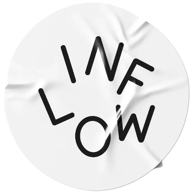 A white circular decal with the words 'INFLOW' and 'OUTFLOW' in black, arranged in an inward and outward pattern.
