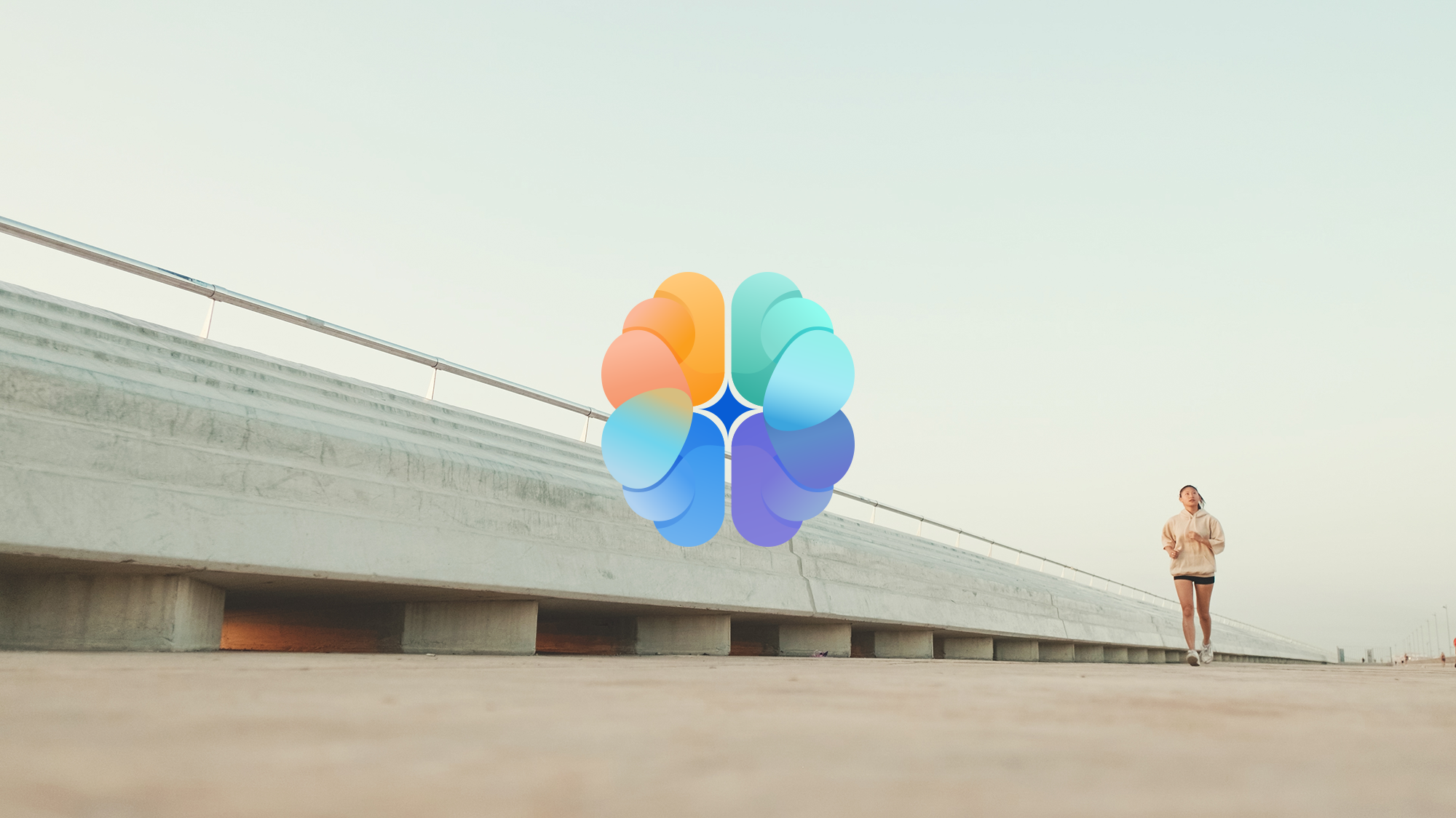 A woman in athletic clothing jogging on a bridge, with a large colorful logo superimposed in the center of the image.