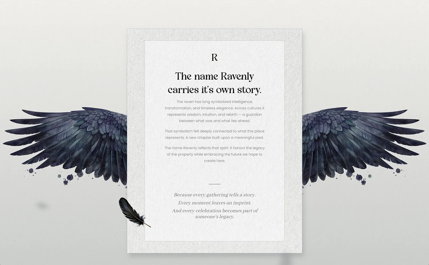 Digital graphic featuring a white background with artistic dark blue and black feathered wings extending from each side of a centered white rectangular text box. The text box contains a paragraph about the symbolism of ravens and wings, and a small feather is placed in front of the left wing.