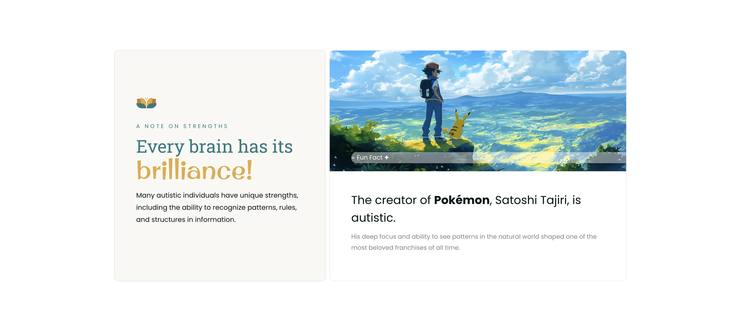 An illustrated scene with a person and a Pikachu character standing on a cliff, overlooking a vibrant landscape of mountains and clouds in the sky.