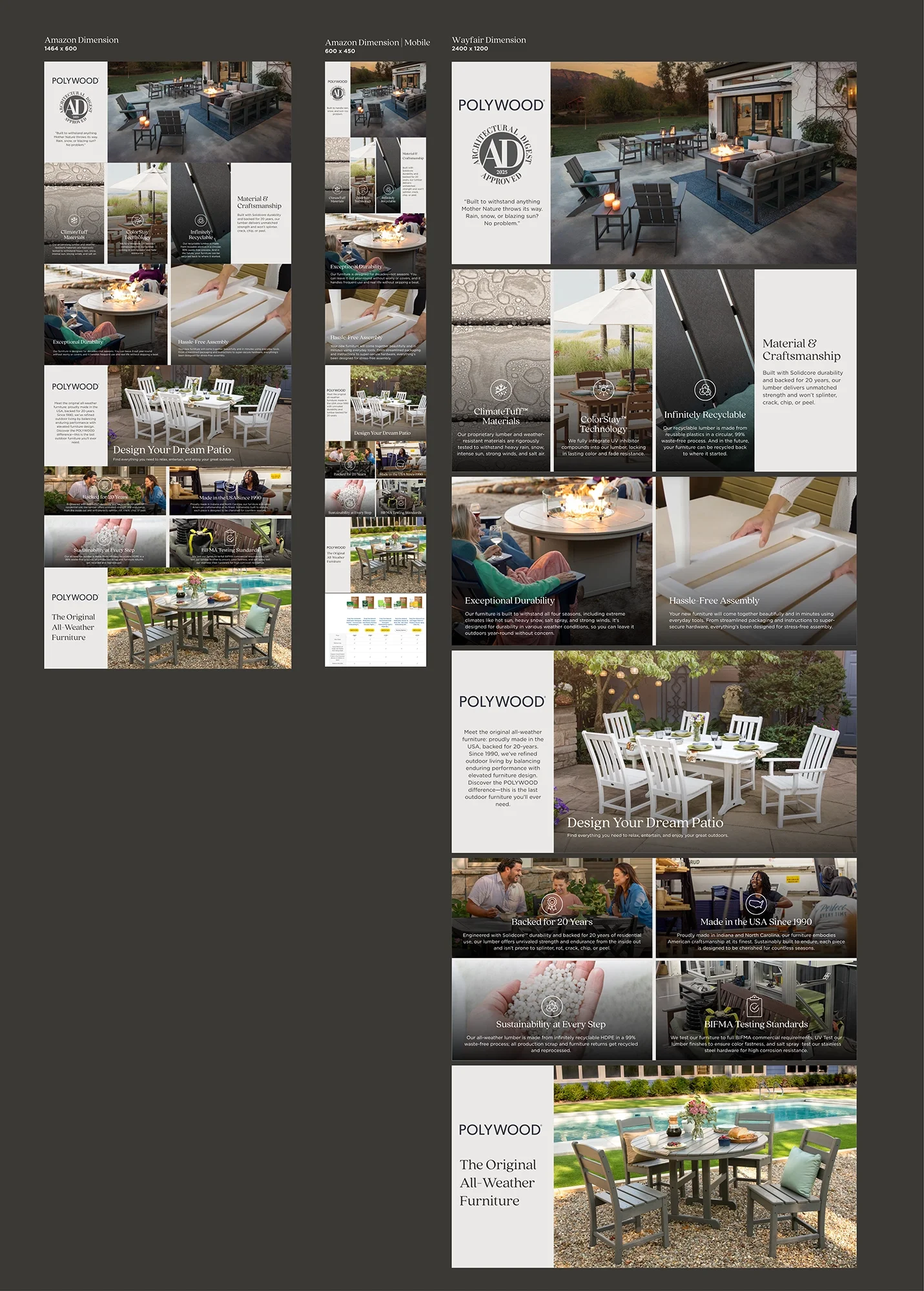 Collage of outdoor furniture and patio scenes, including dining and seating areas, highlighting Polywood's durable, recyclable, all-weather furniture made in the USA with features like fire pits, umbrellas, and modern design elements.