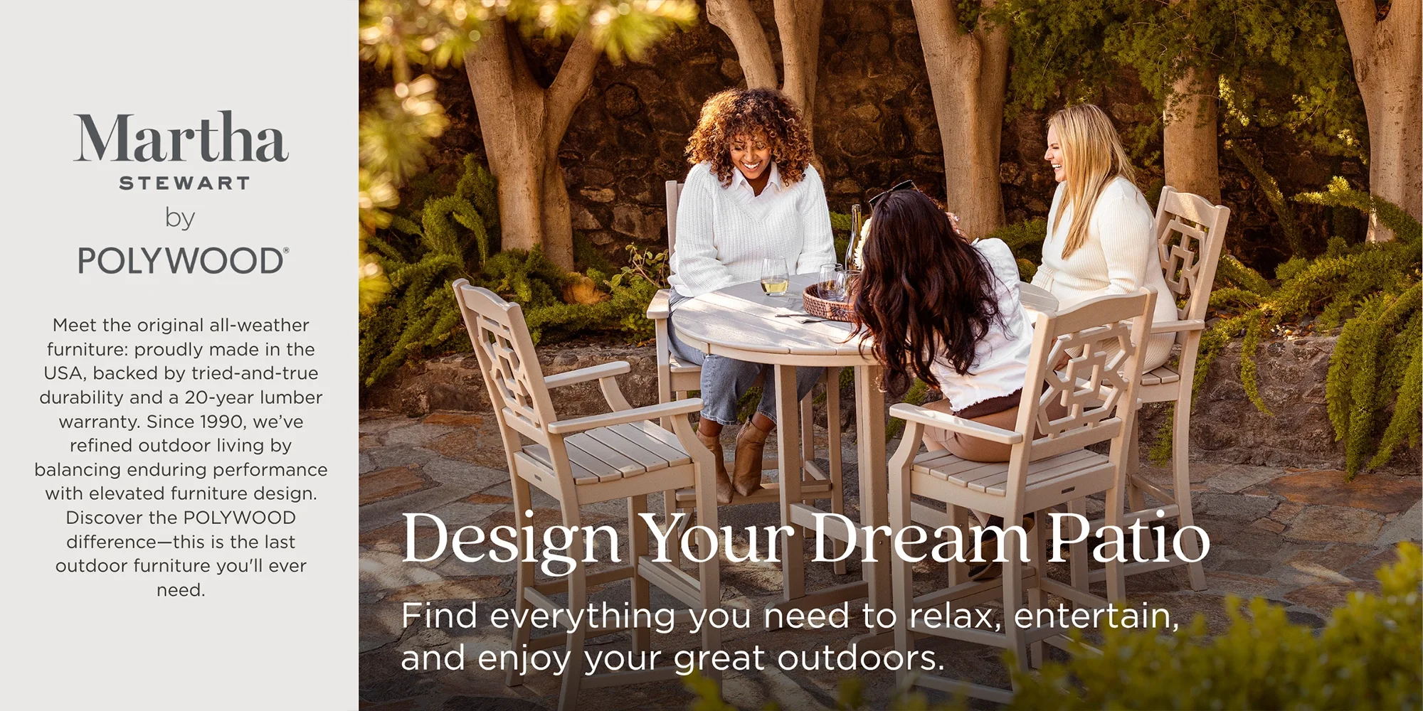 Four women sit around a patio table outdoors, smiling, enjoying drinks, and engaging in conversation. The patio is surrounded by trees and plants, creating a cozy outdoor setting.
