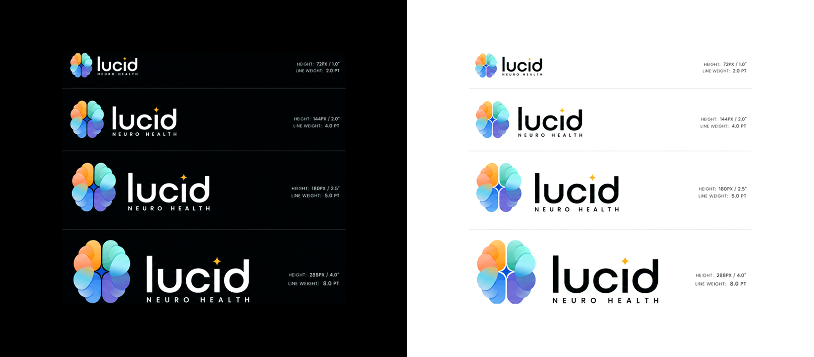 Comparison of logo sizes for 'lucid Neuro Health' with different dimensions and line weights on black and white backgrounds.