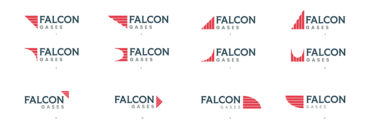 Twelve refined logo variations for Falcon Gases in red and navy, by Inflow Designs