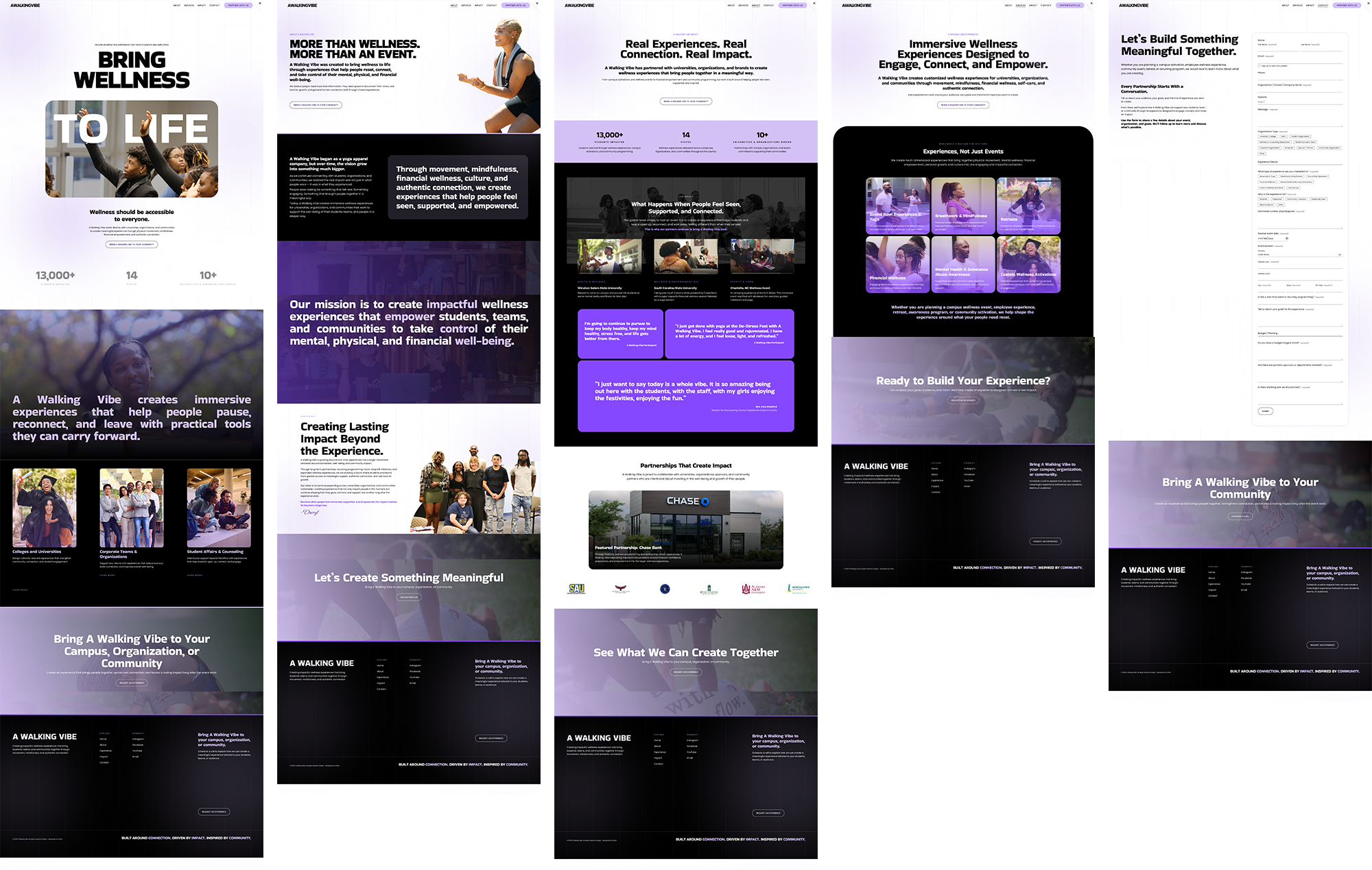 A collage of website pages for an organization called 'A Walking Vibe,' promoting wellness experiences and community engagement, featuring headings, images of people, and informational sections.