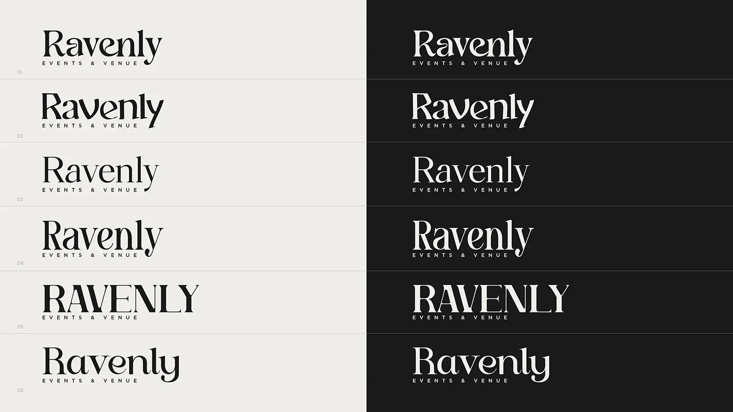Comparison of various logo designs for 'Ravenly Events & Venue' with different fonts and styles in black and white.