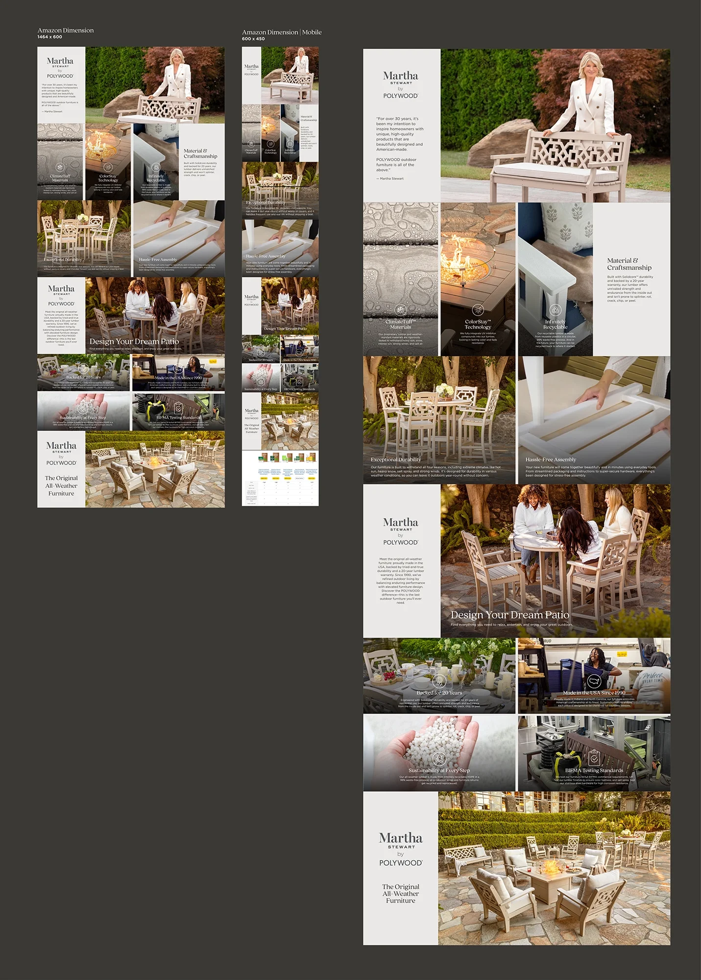 Collage of images showing outdoor patio furniture, including chairs, tables, and benches, with people enjoying the space in a garden setting.