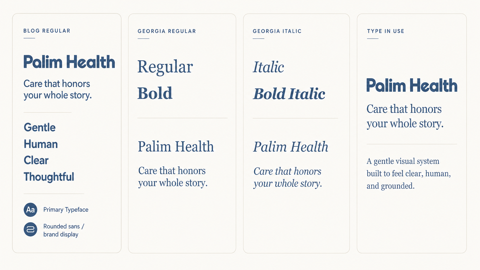 A visual style guide showing different font styles for 'Palim Health' in various typographies, including regular, bold, italic, and bold italic, with descriptive text about the brand's visual identity.