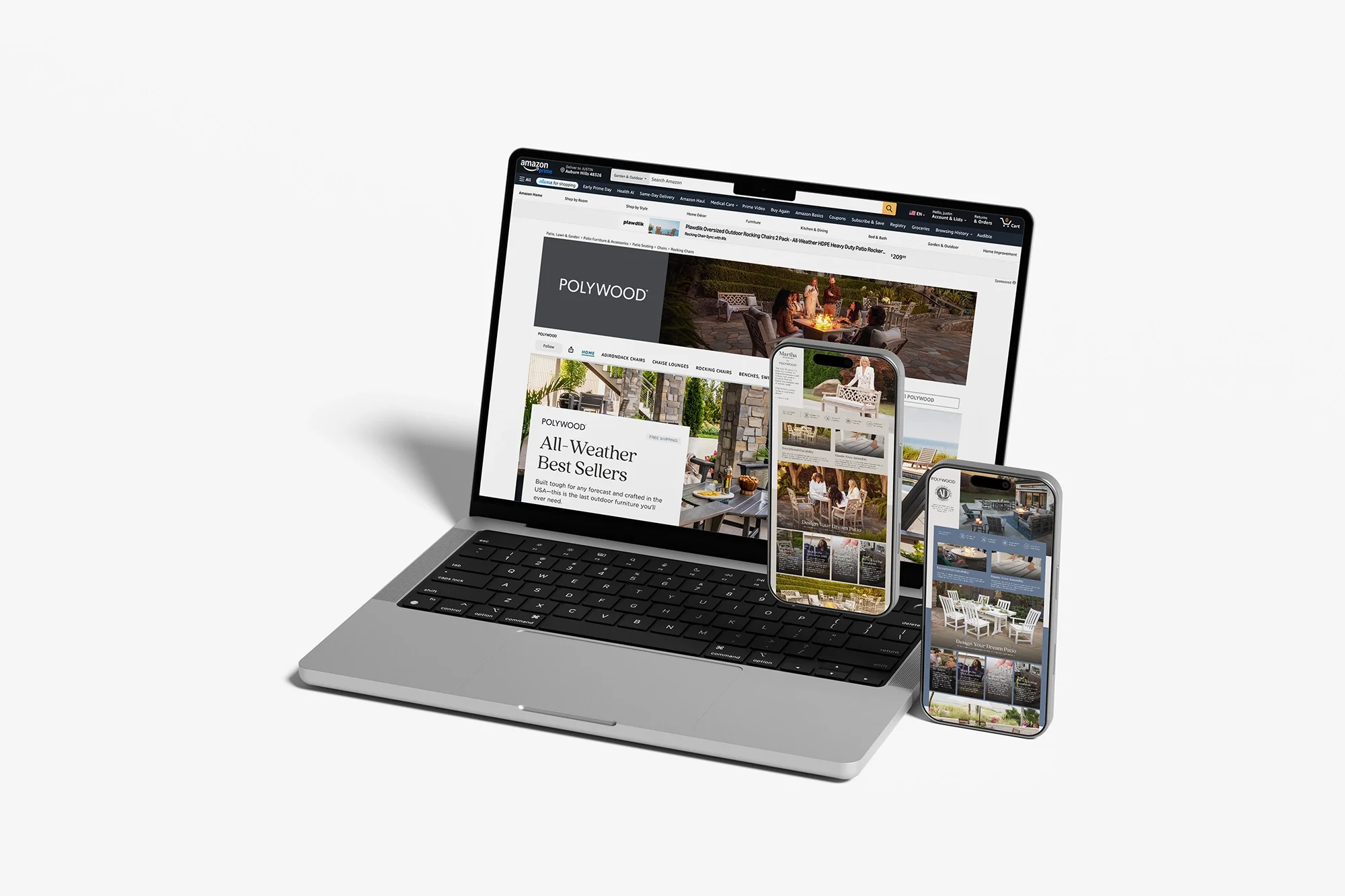 Multiple electronic devices including a laptop, tablet, and smartphone displaying the Amazon website with outdoor furniture products and images.