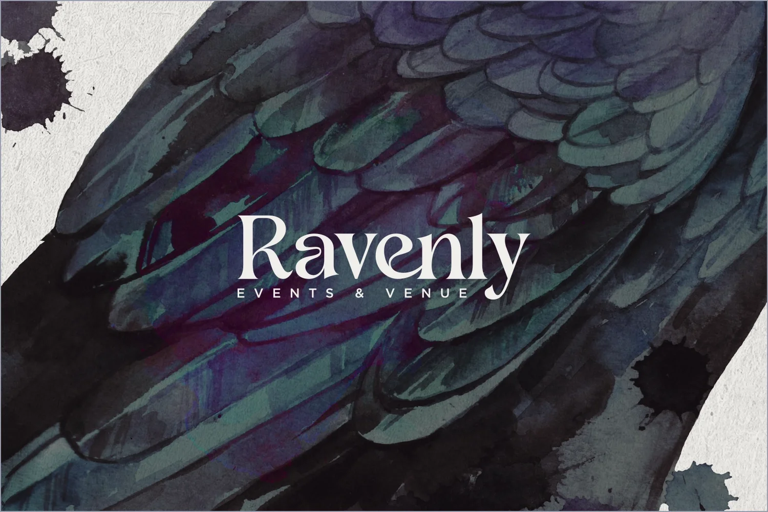 Ravenly Events Venue logo on a dark feather-texture background.