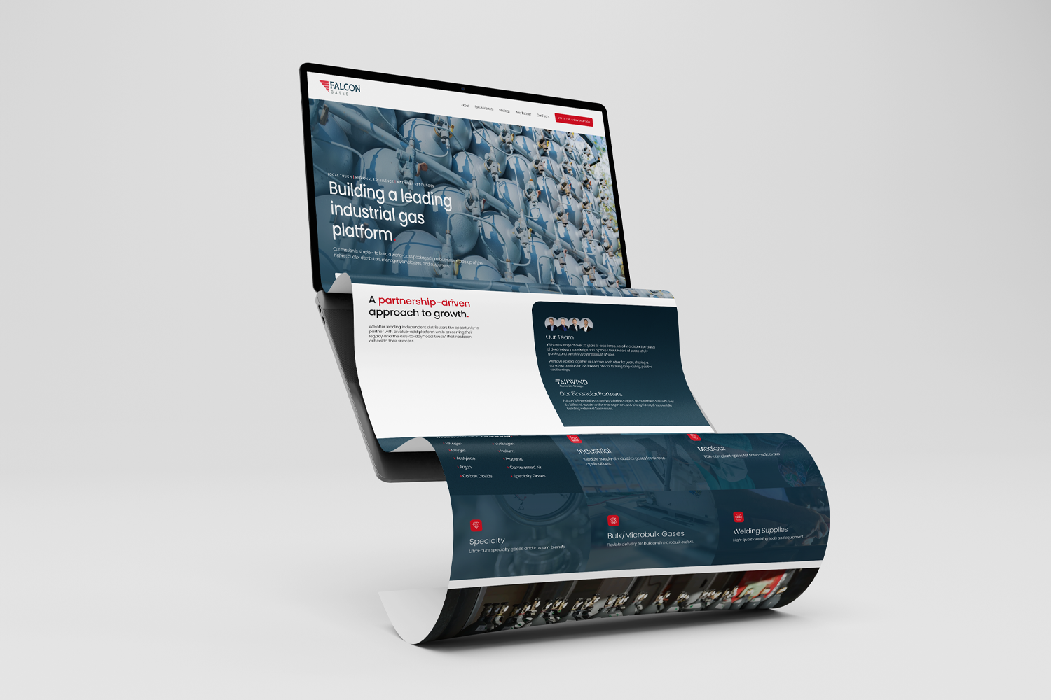 Falcon Gases website design showing their industrial gas services, by Inflow Designs