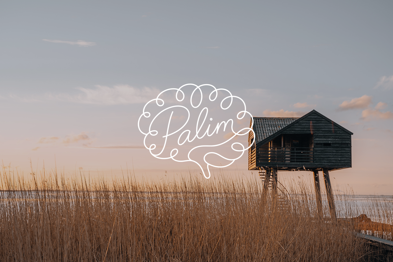 A wooden house on stilts in a marsh landscape at sunset, with tall grasses and a blue sky with clouds, and the word 'Palm' inside a stylized speech bubble overlay.