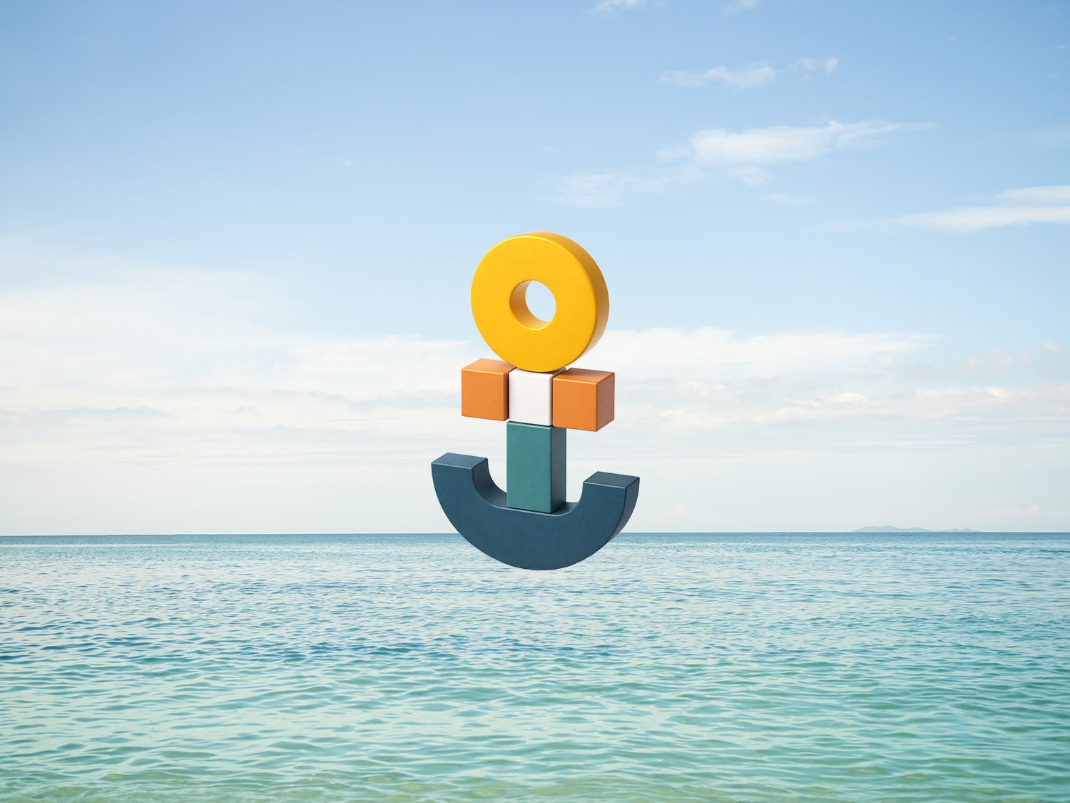 Colorful wooden blocks arranged to resemble a person with an umbrella on a beach with a blue sky and ocean in the background.