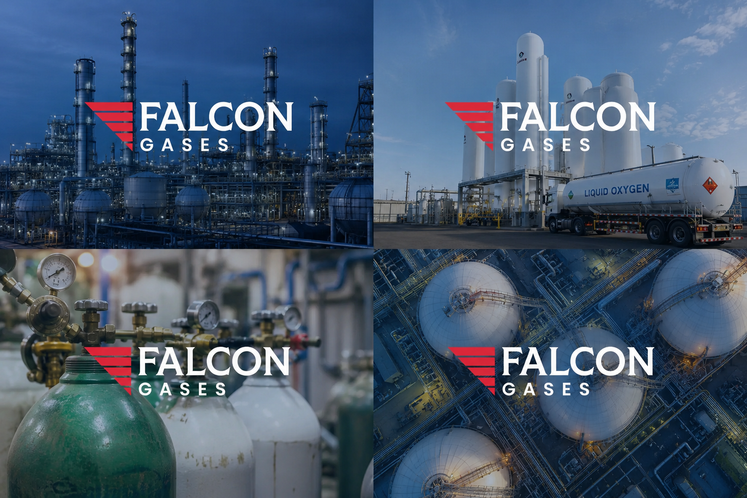 Industrial gas facility imagery used in Falcon Gases brand and website design, by Inflow Designs