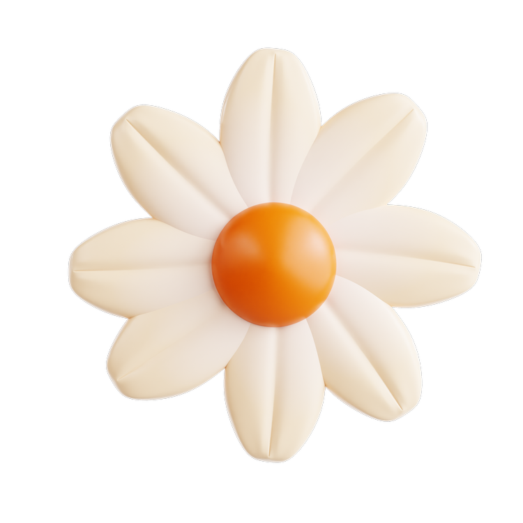 A decorative flower made of eight white petal-shaped objects and a central orange spherical object, set against a black background.