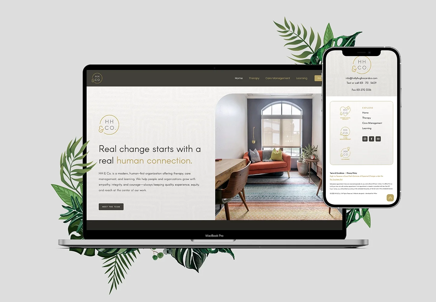 A laptop and smartphone displaying a website for HH & CO, a therapy and care management organization, with a background of green leaves and a room with a sofa and window impression.