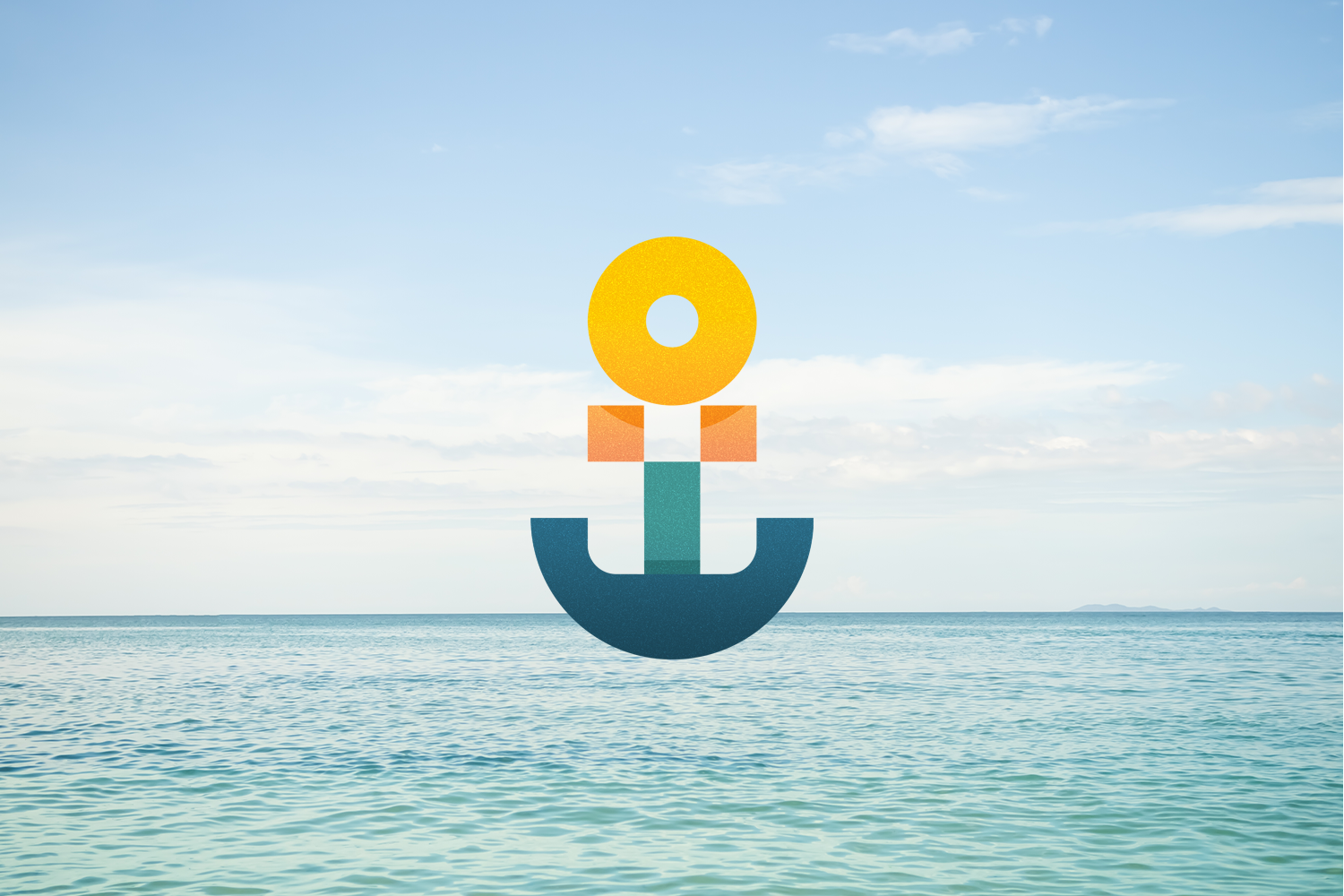 A stylized, colorful digital illustration of an anchor against a scenic ocean and sky background with some clouds.