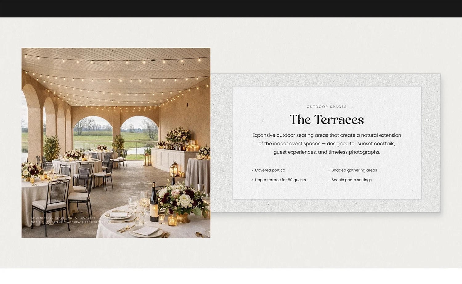 An elegant outdoor event space with string lights, decorated tables with floral centerpieces, and a scenic view of fields and trees in the background, suitable for gatherings or celebrations.
