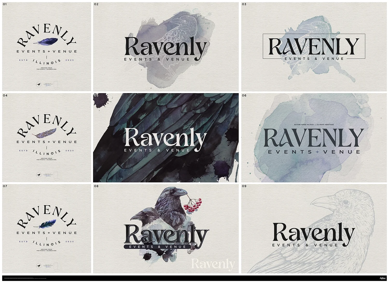 Collage of nine images of Ravenly event venue logos and artworks. Four logos feature a black feather or similar motifs, with the name 'Ravenly' and text about events and venue in different styles. Two logos incorporate watercolor backgrounds with abstract or bird images. One image displays two ravens, one holding berries. Another showcases a sketch of a bird.