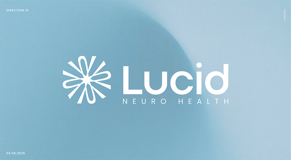 Logo for Lucid Neuro Health with a stylized flower-like design on a blue background.