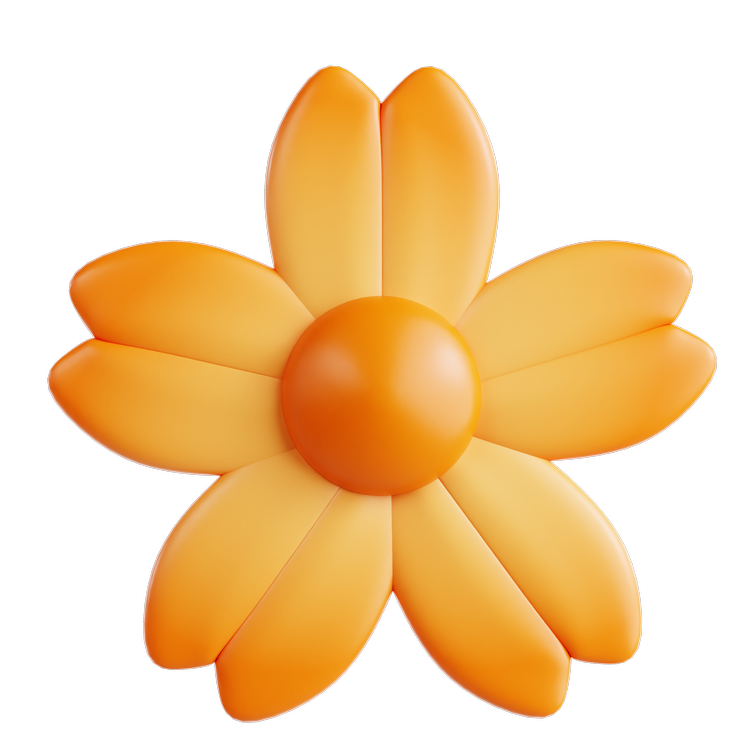 A flower-shaped object made of orange and yellow plastic or rubber, resembling a daisy with a round orange center and eight petal-like extensions.