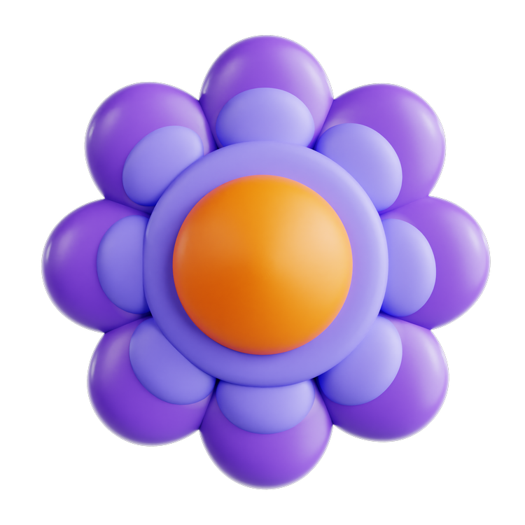 A colorful, stylized 3D model of a flower with purple petals and an orange center on a black background.