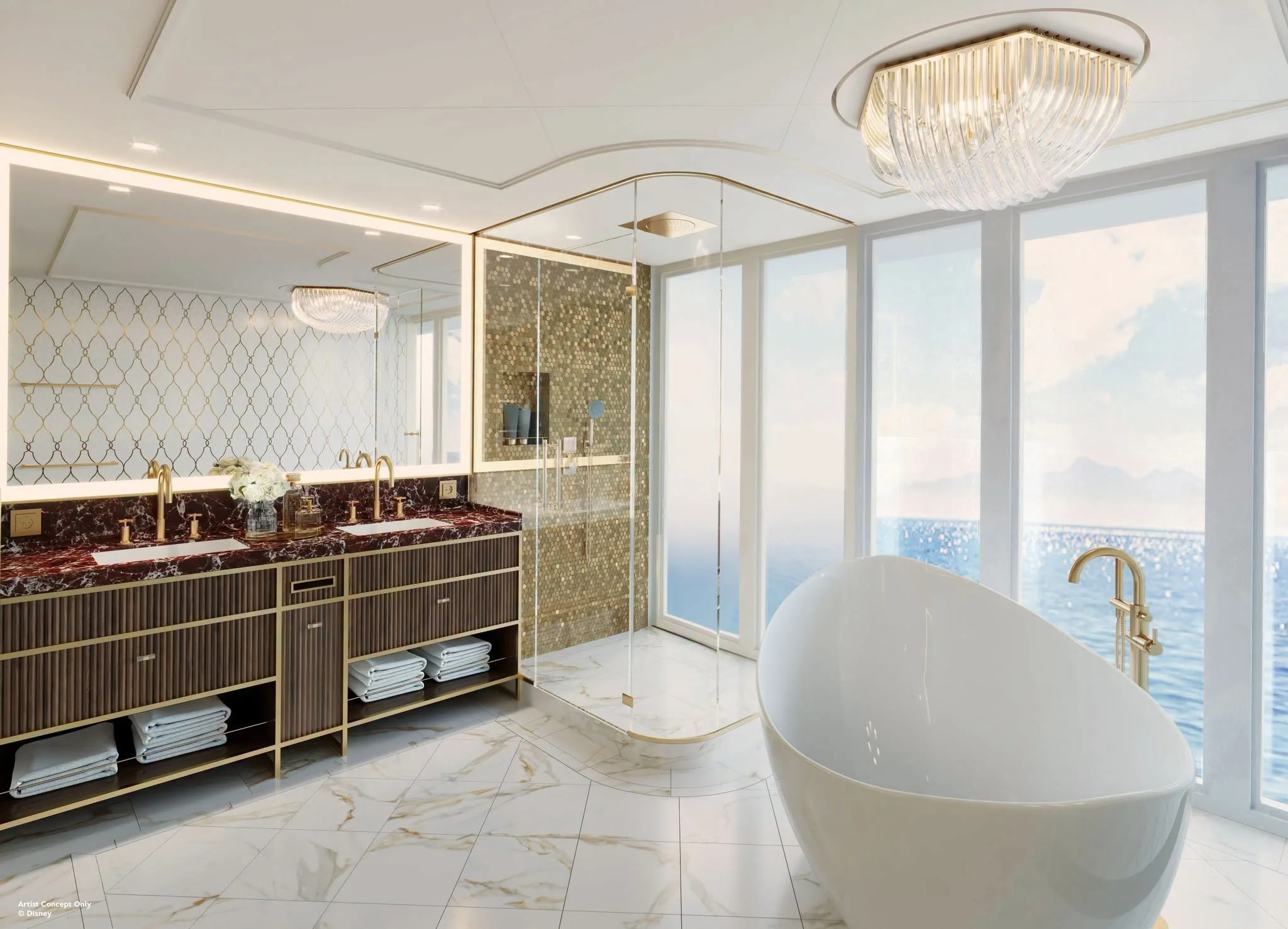 A rendering of the bathroom in the Believe Tower Suite aboard the Disney Believe