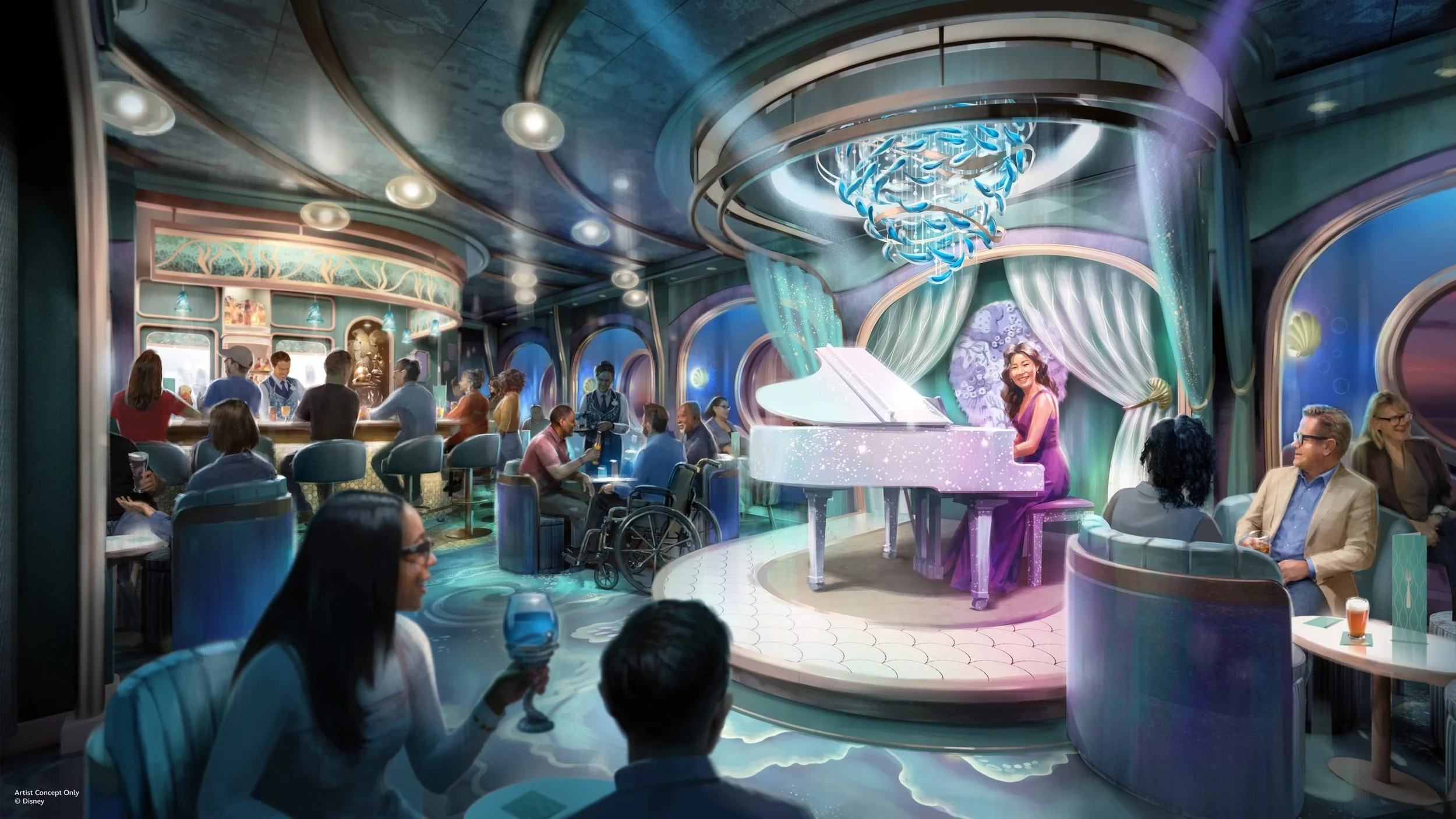 A rendering of Sea Notes, the new Piano Bar aboard the Disney Believe