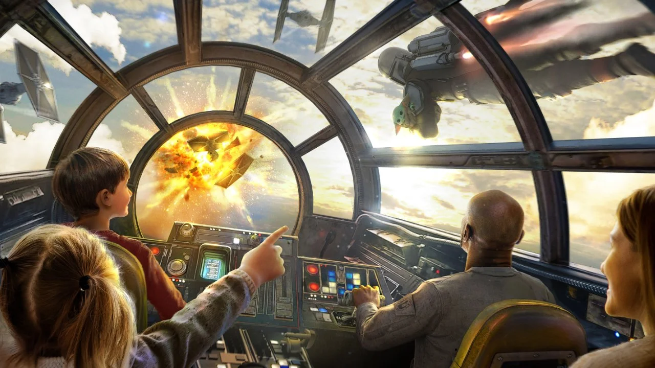 Artist's rendition of the Mandalorian and Grogu update of Millennium Falcon: Smugglers Run