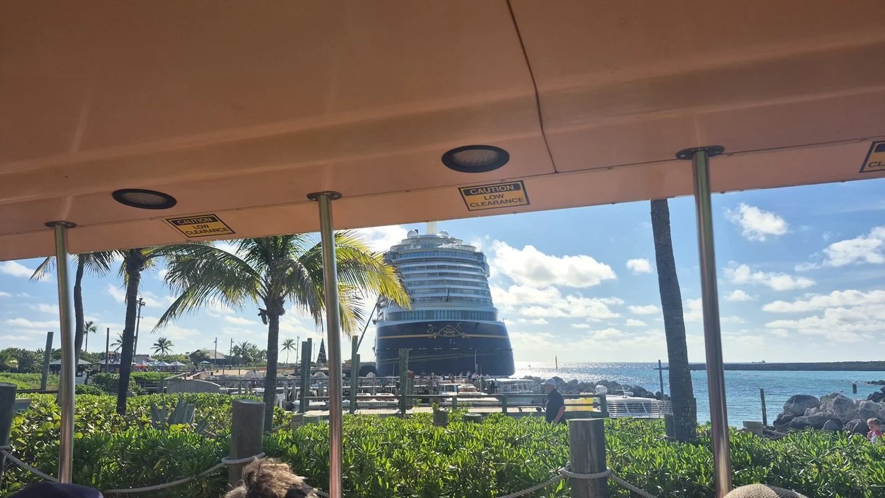 A view of the Disney Treasure from the Tram on Disney's Castaway Cay