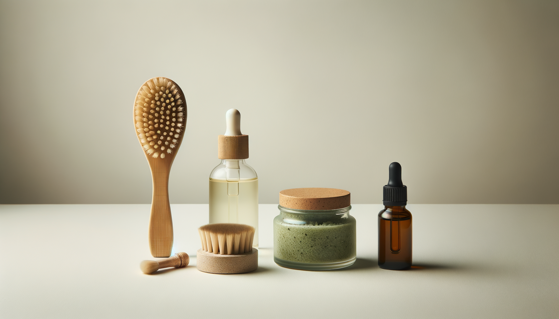 Skincare and grooming products including a wooden hairbrush, a facial brush, a small bottle with a dropper, a jar of cream with a cork lid, and a small amber dropper bottle, arranged on a white surface against a plain light background.