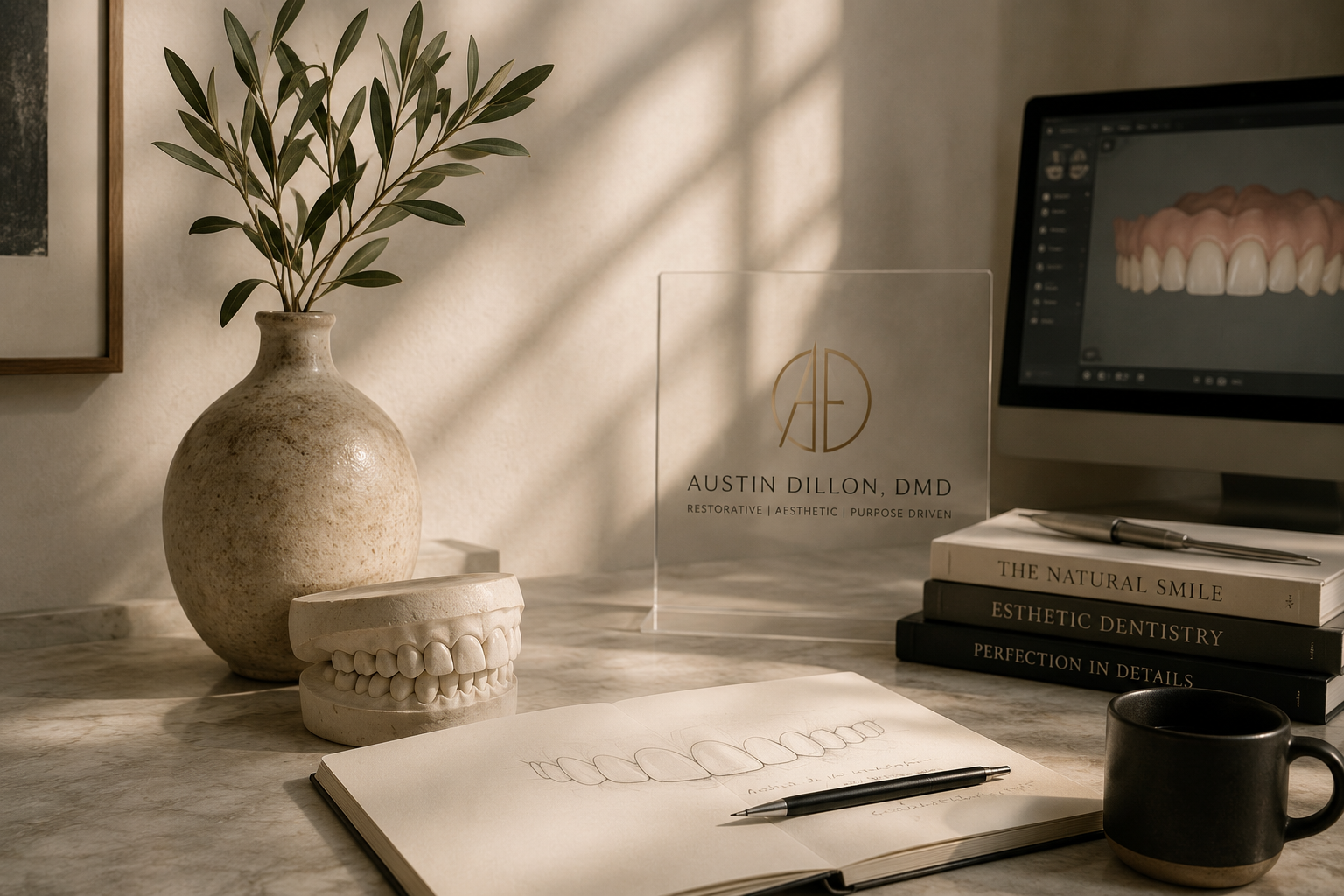 A dentist's office workspace featuring a potted plant, a model of teeth, a paper with dental sketches, three stacked books about dentistry, a black coffee mug, a computer displaying a digital set of teeth, and a clear acrylic sign with the name Austin Dillon, DMD, on a marble desk.