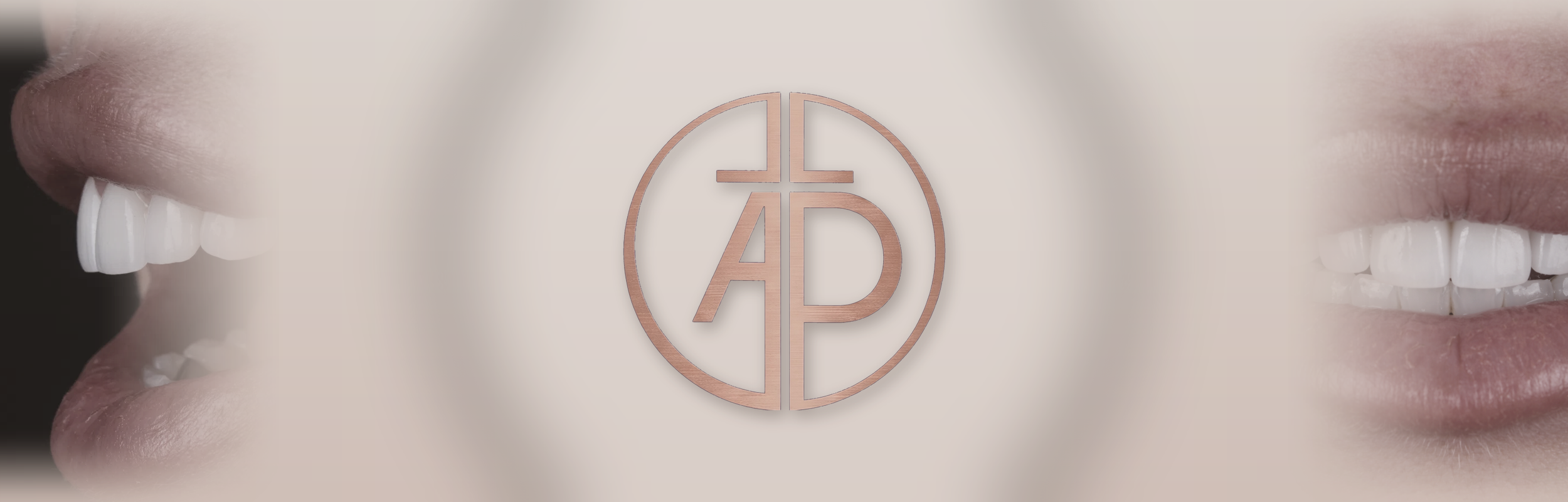 Close-up of smiling person's face with lips slightly parted, showing teeth, with a bronze circular logo with the letters ADP in the center overlayed on the image.