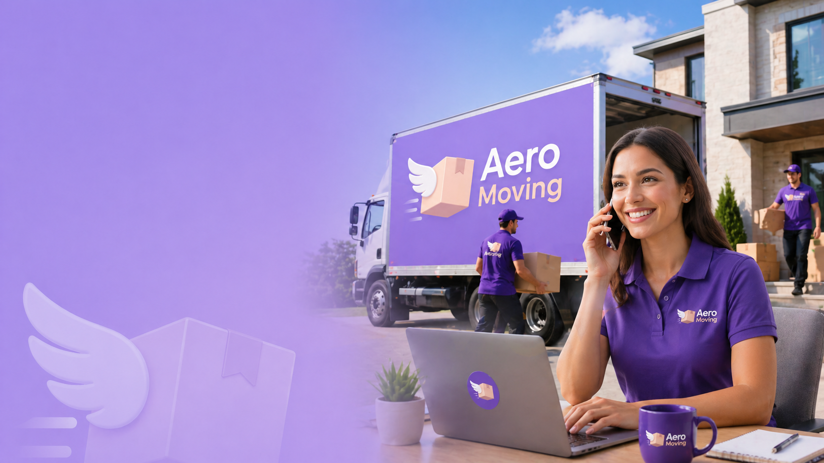 A woman wearing a purple shirt with the Aero Moving logo sitting at a desk with a laptop, talking on a cell phone. In the background, movers unload boxes from a moving truck near a house. The truck and the woman's shirt feature the Aero Moving logo.