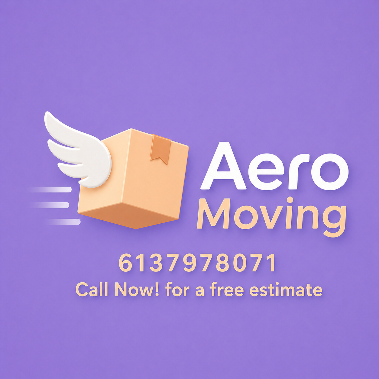 A promotional graphic for Aero Moving featuring a cartoon moving box with white wings, a brown shipping label, and motion lines, along with the company's contact number and a call to action for a free estimate.