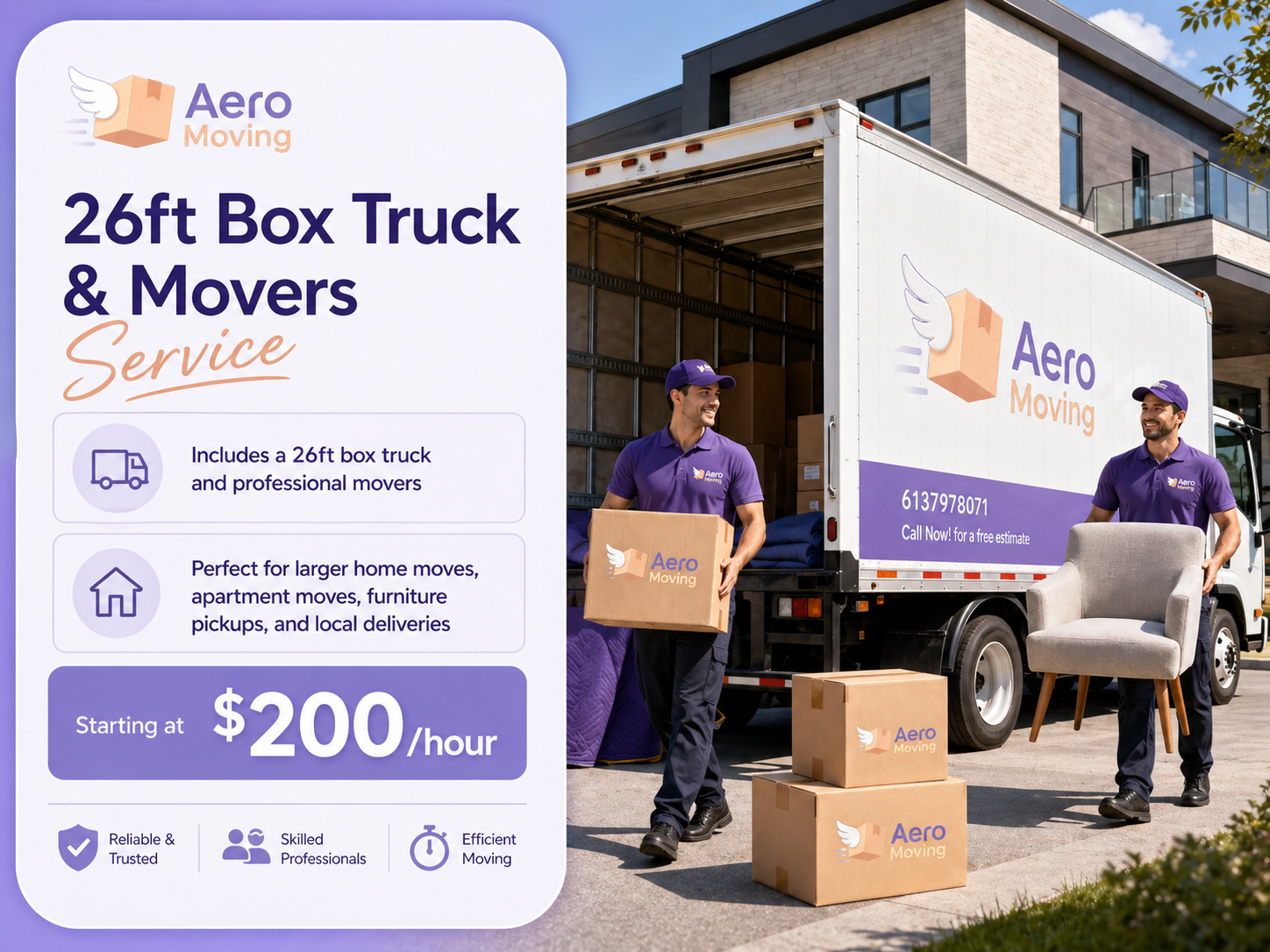 A promotional poster for Aero Moving services. It features two movers unloading a box truck, with one holding a box and the other lifting a piece of furniture. The poster highlights a 26-foot box truck and professional movers, with starting rates at $200 per hour. The company contact number and slogans for reliability, skilled professionals, and efficient moving appear at the bottom.