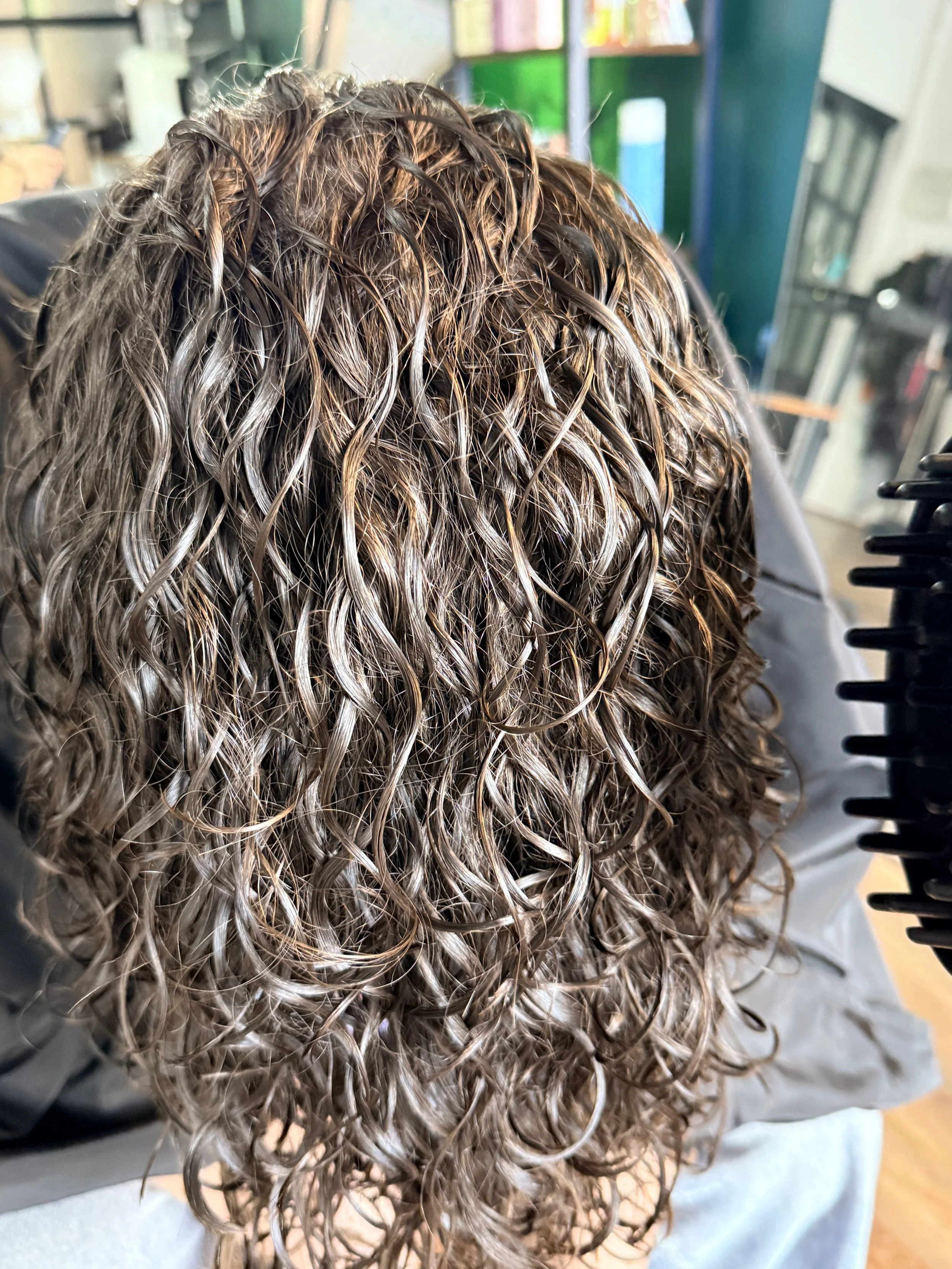 Close-up of curly, wet hair with blonde highlights. It appears to be on a person at a salon or barber shop, with salon equipment and shelves visible in the background.