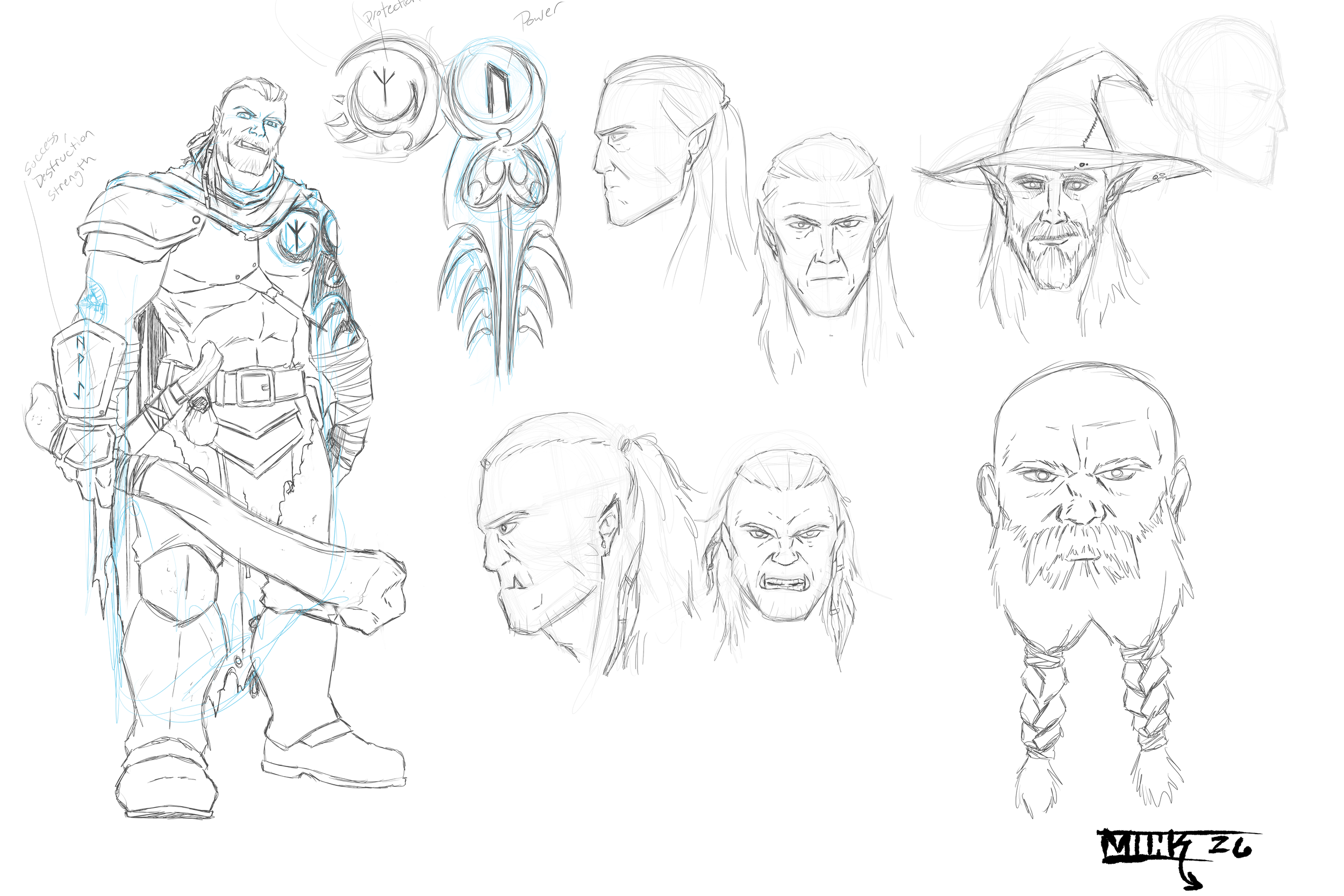 sketch of half ogre warrior, elf mages, and dwarf priest fantasy art by Mick Ross
