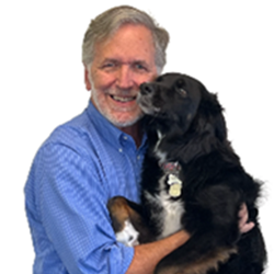 A man with gray hair and a beard wearing a blue shirt, holding a black dog.