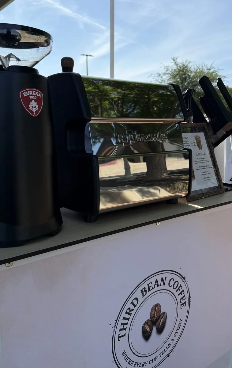 Third Bean Coffee mobile espresso cart set up outdoors for a DFW wedding, brand activation, or corporate event in Frisco.
