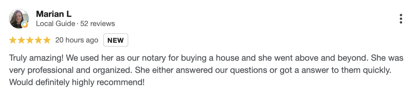 A digital review of Mariana L, a local guide with 52 reviews, praising her professionalism and helpfulness in a notary-related service.