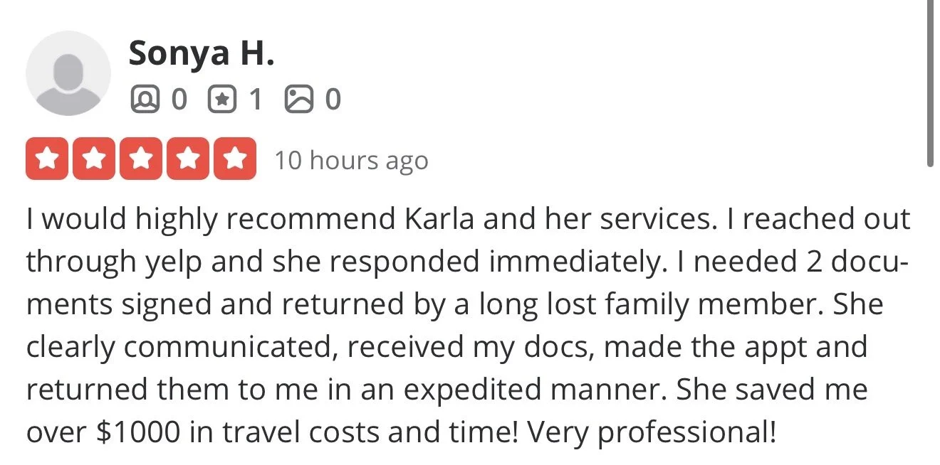 Online review of Karla's services by Sonya H., posted 10 hours ago, five-star rating, describing quick response, efficient document process, professionalism, and cost savings.