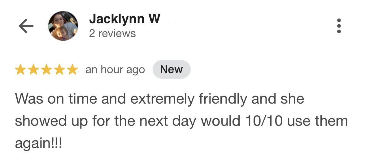 Review of a service or experience, five-star rating, positive feedback about punctuality, friendliness, and willingness to use again.