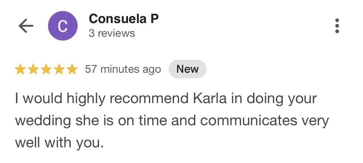 A Google review from Consuela P praising Karla for her punctuality and communication during a wedding.